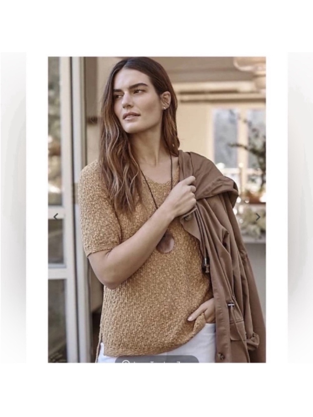 J Jill Dimensional Open Knit Sweater Top/Shirt Sz S Tan V neck Short Sleeve